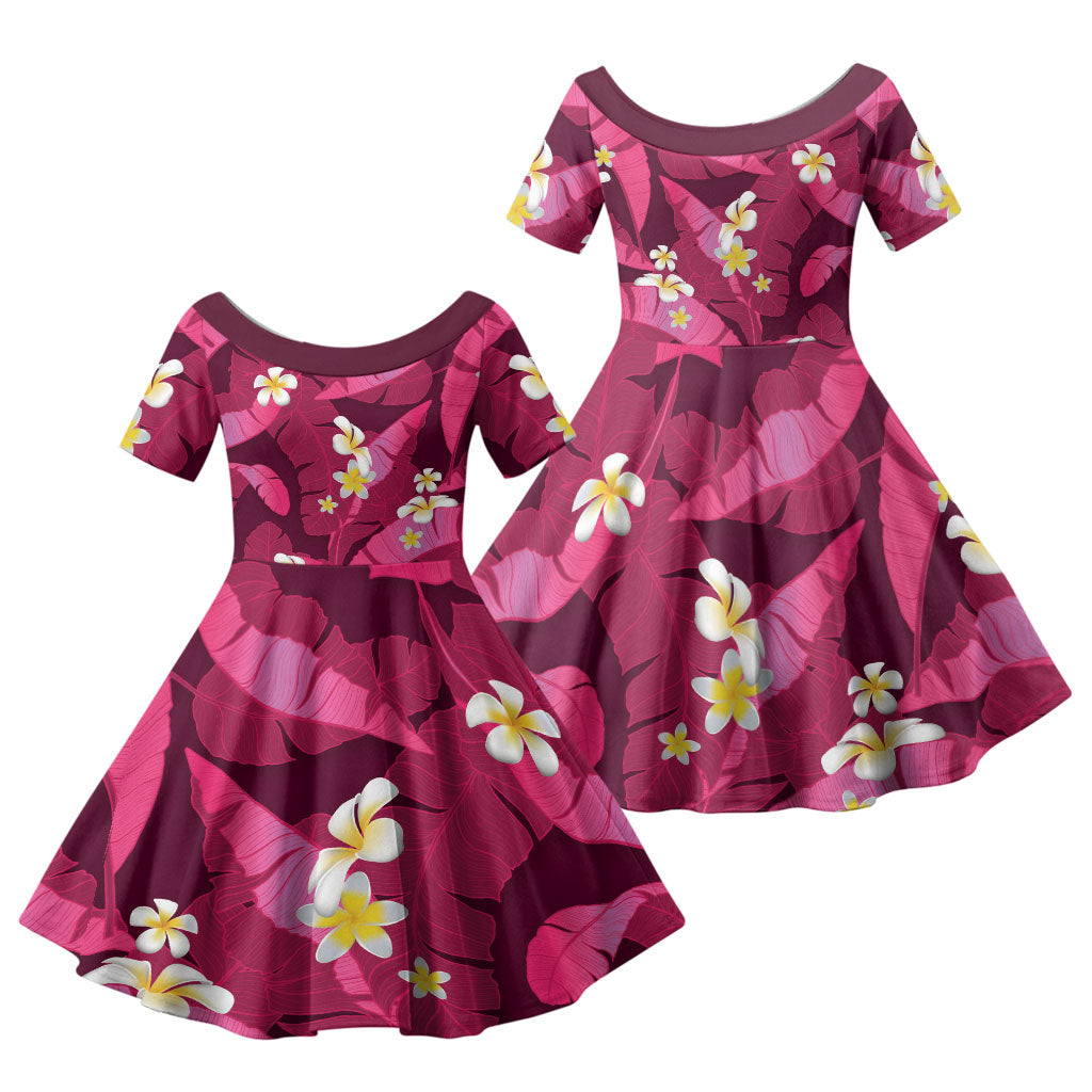 Pink Banana Leaf Hawaii Family Matching Off The Shoulder Long Sleeve Dress and Hawaiian Shirt Lau Maia Plumeria Tropical Summer Vibes LT14 Daughter's Dress Pink - Polynesian Pride