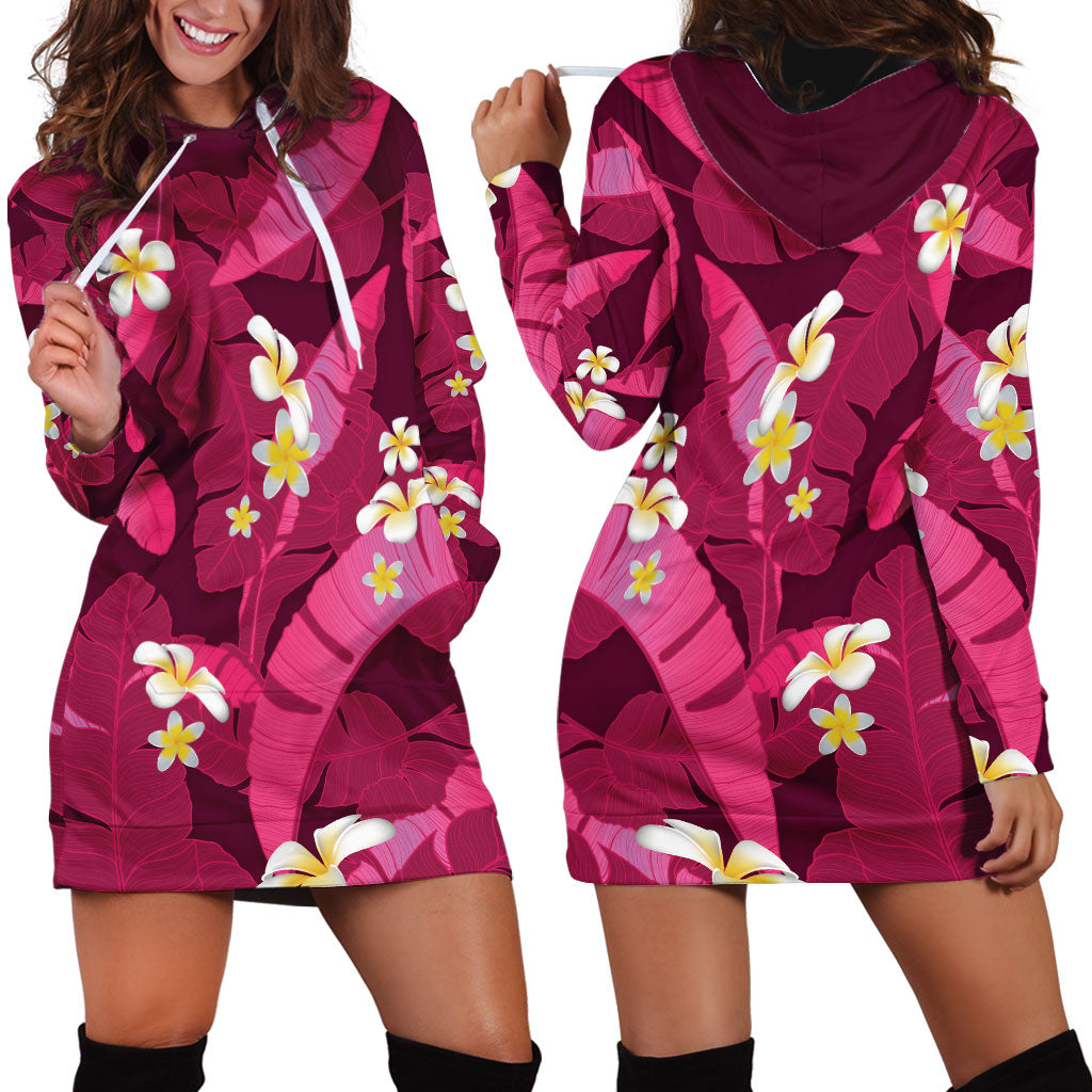 Pink Banana Leaf Hawaii Hoodie Dress Lau Maia Plumeria Tropical Summer Vibes