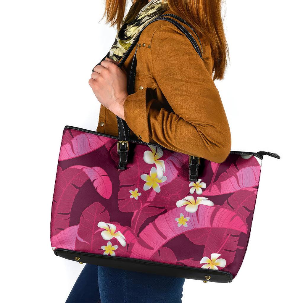 Pink Banana Leaf Hawaii Leather Tote Bag Lau Maia Plumeria Tropical Summer Vibes