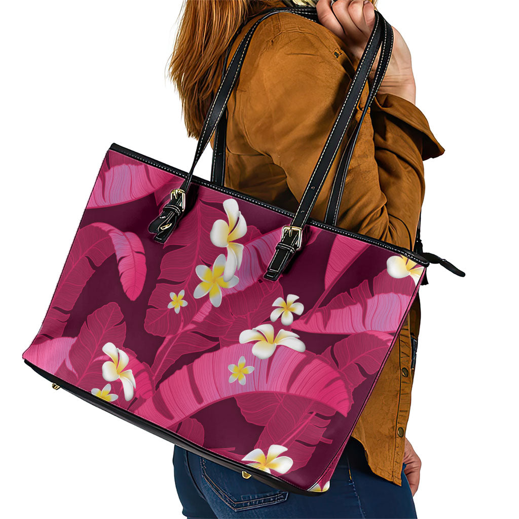 Pink Banana Leaf Hawaii Leather Tote Bag Lau Maia Plumeria Tropical Summer Vibes