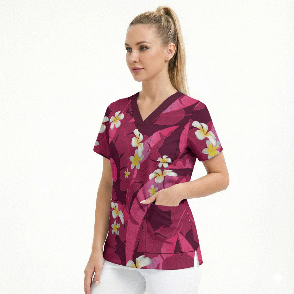 Pink Banana Leaf Hawaii Scrub Top Lau Maia Plumeria Tropical Summer Vibes