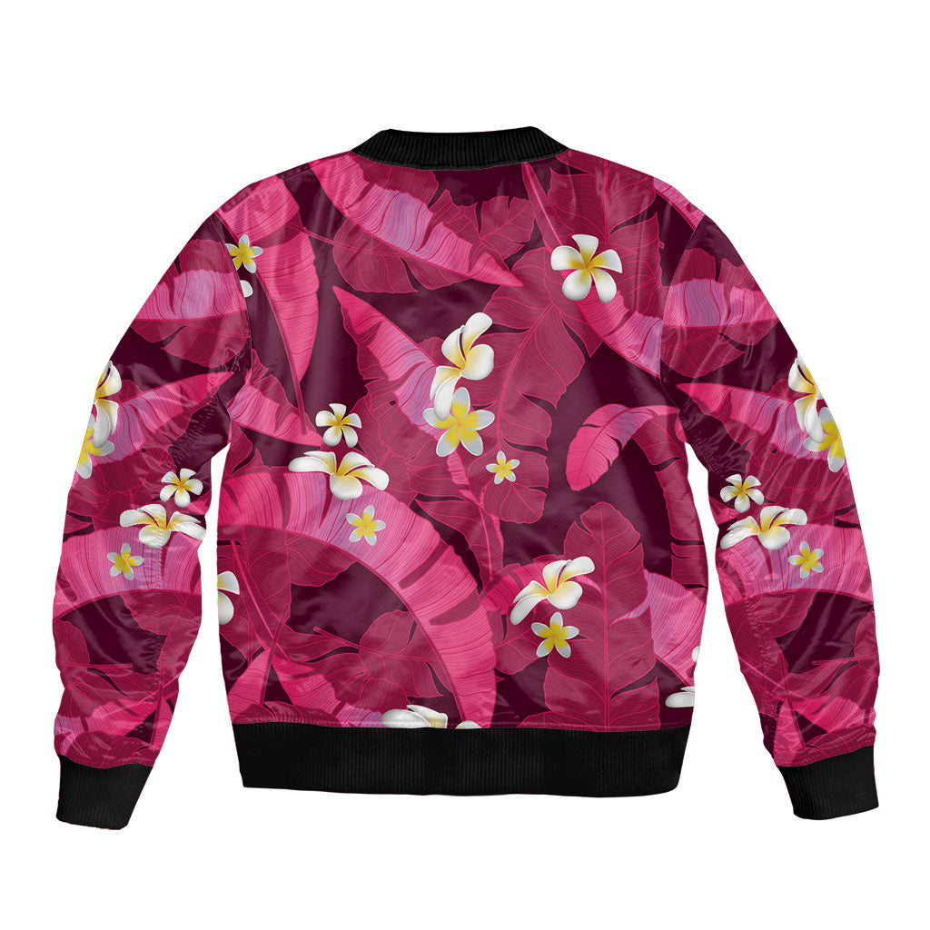 Pink Banana Leaf Hawaii Sleeve Zip Bomber Jacket Lau Maia Plumeria Tropical Summer Vibes
