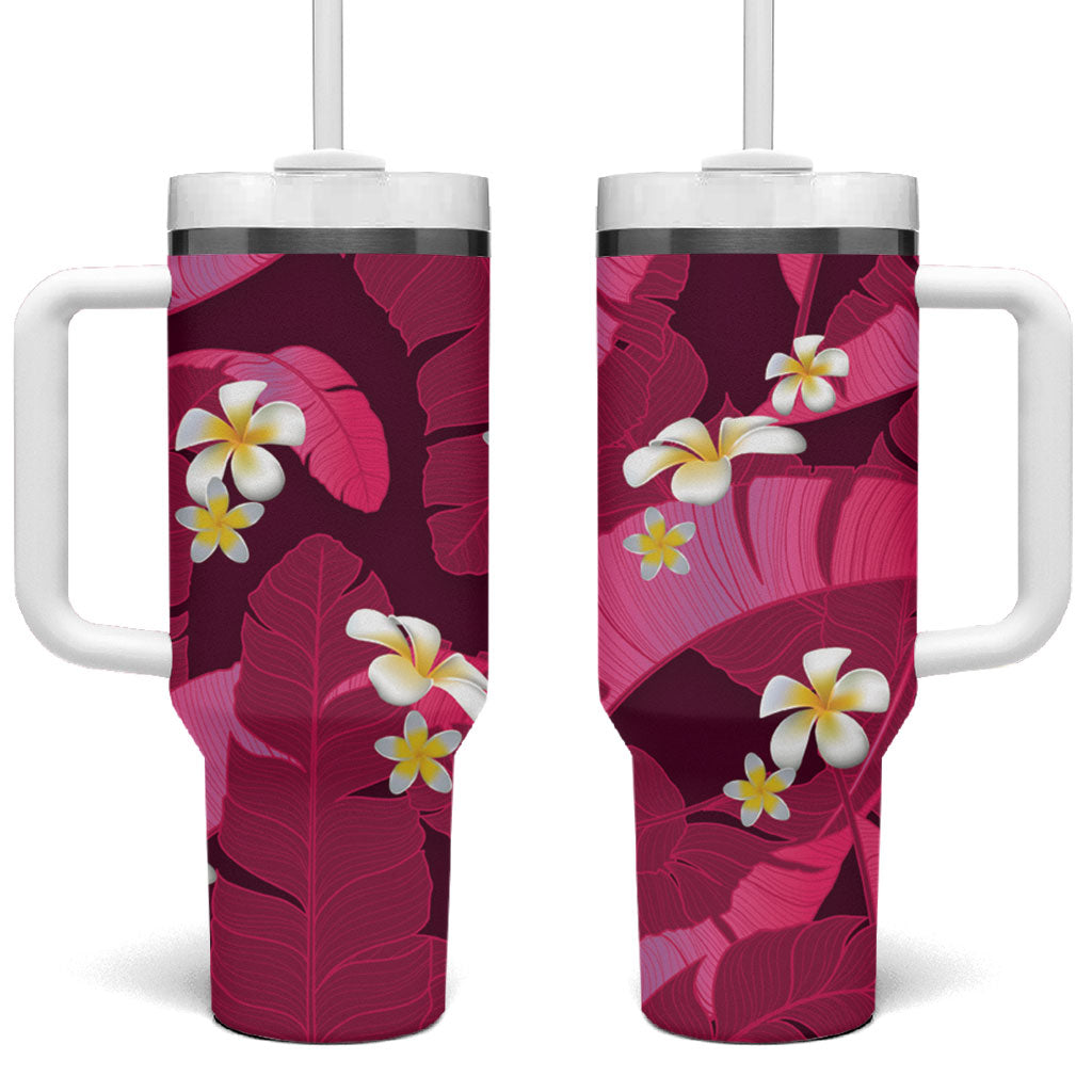 Pink Banana Leaf Hawaii Tumbler With Handle Lau Maia Plumeria Tropical Summer Vibes