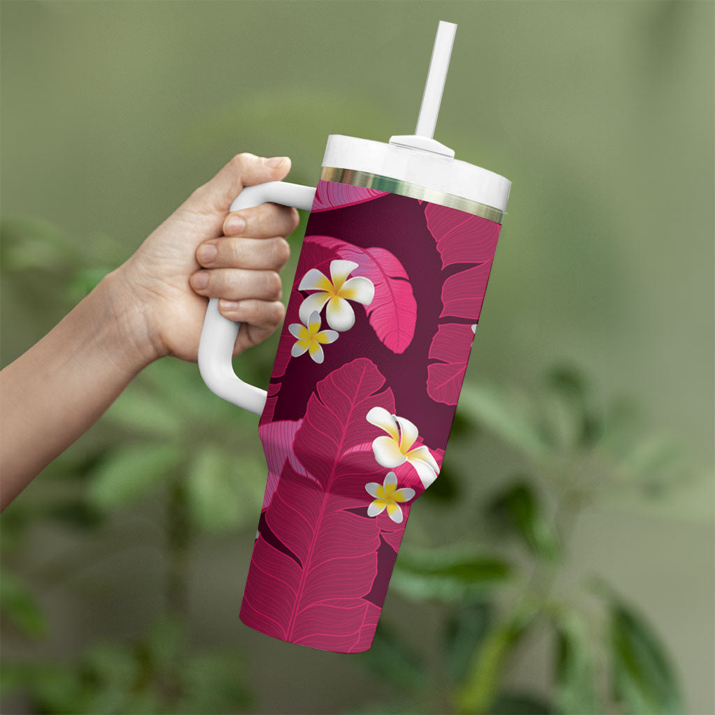 Pink Banana Leaf Hawaii Tumbler With Handle Lau Maia Plumeria Tropical Summer Vibes