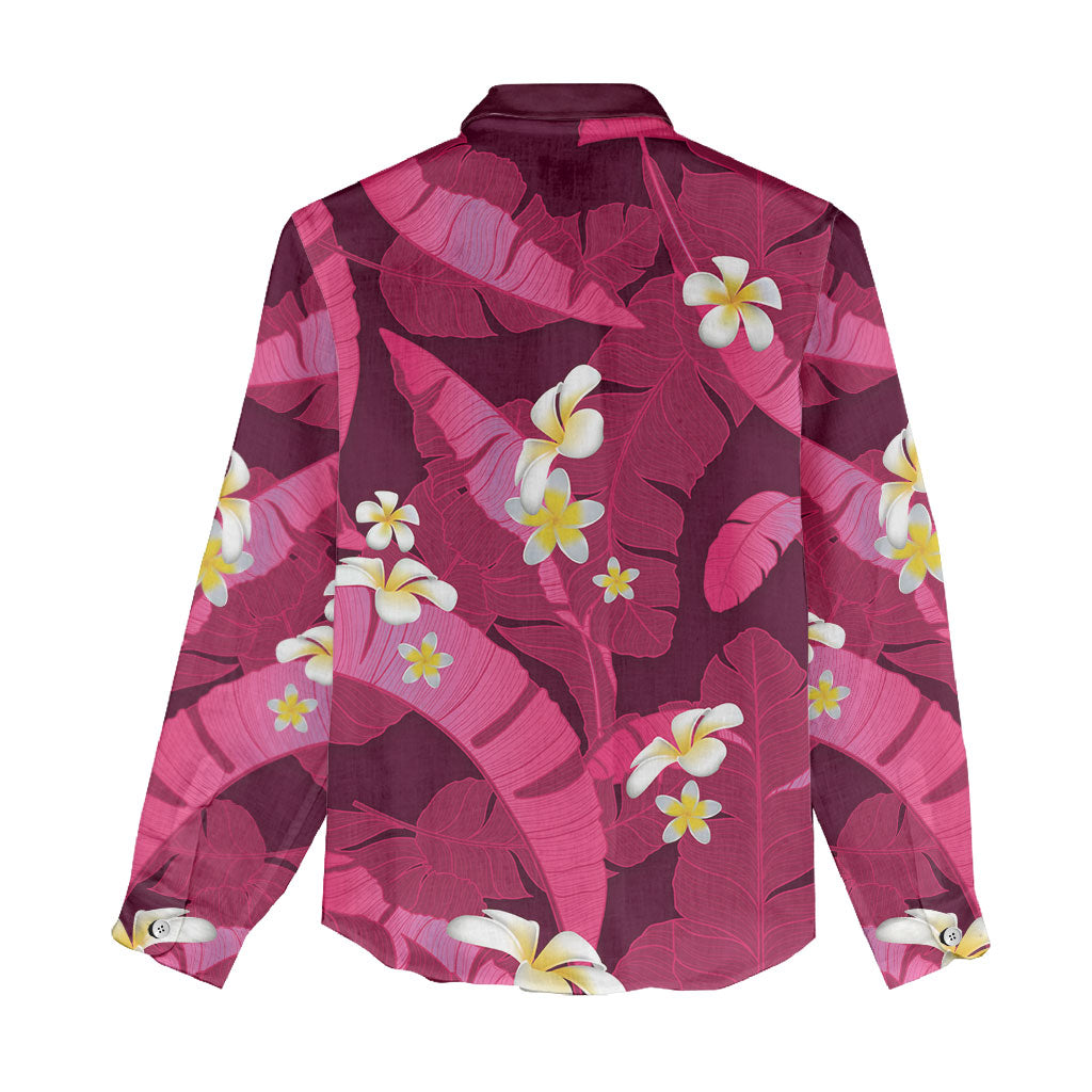 Pink Banana Leaf Hawaii Women Casual Shirt Lau Maia Plumeria Tropical Summer Vibes