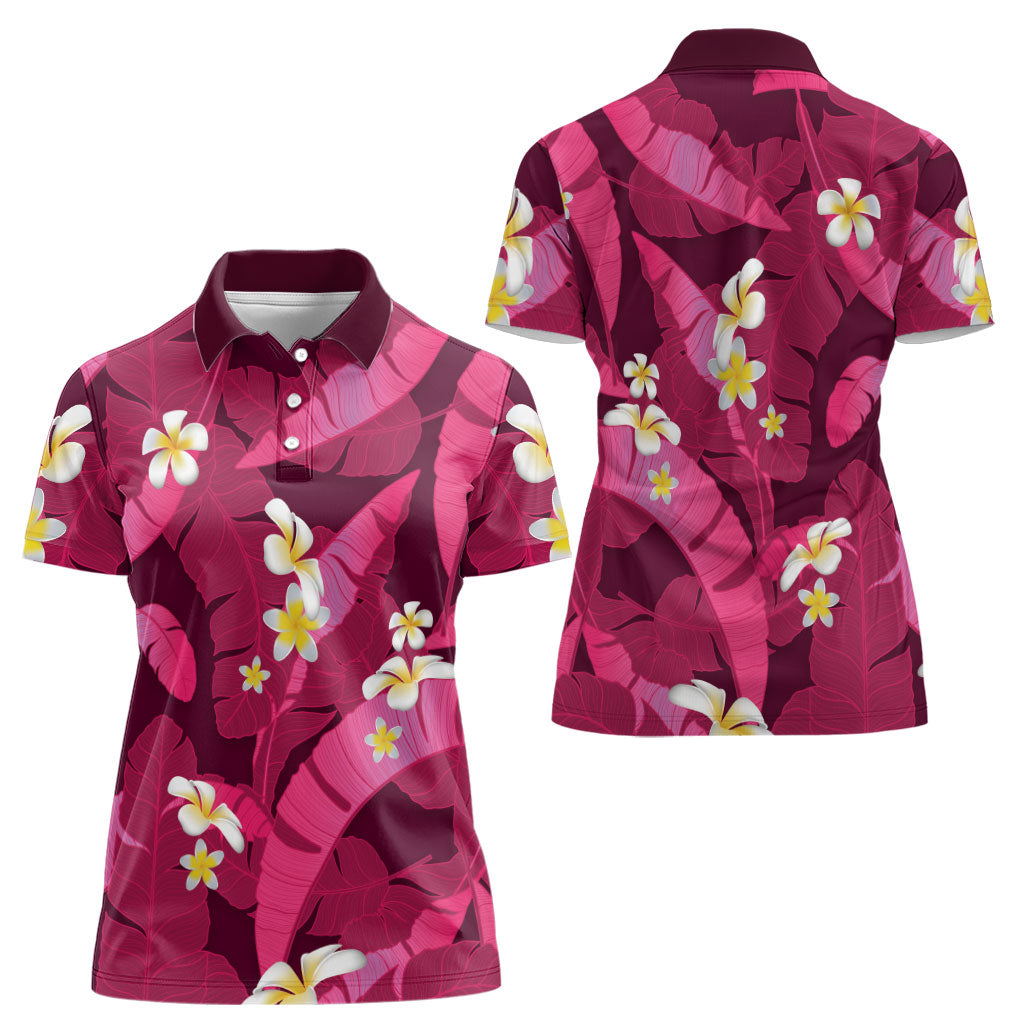 Pink Banana Leaf Hawaii Women Polo Shirt Lau Maia Plumeria Tropical Summer Vibes LT14 - Polynesian Pride