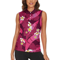 Pink Banana Leaf Hawaii Women Sleeveless Polo Shirt Lau Maia Plumeria Tropical Summer Vibes