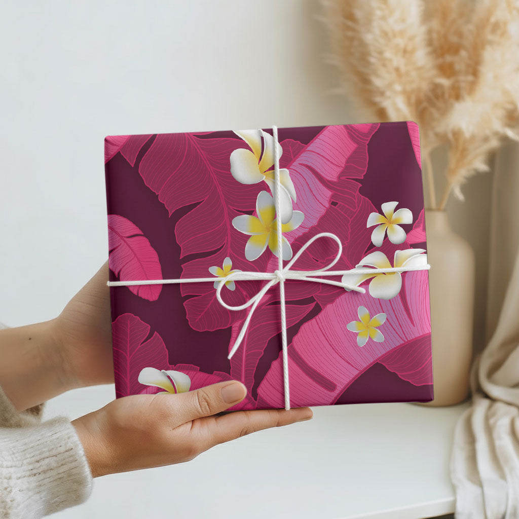 Pink Banana Leaf Hawaii Wrapping Paper Lau Maia Plumeria Tropical Summer Vibes