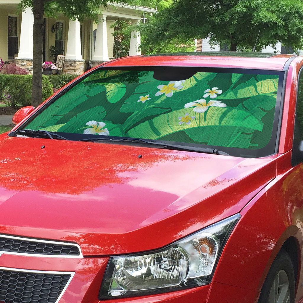 Green Banana Leaf Hawaii Auto Sun Shade Lau Maia Plumeria Tropical Summer Vibes
