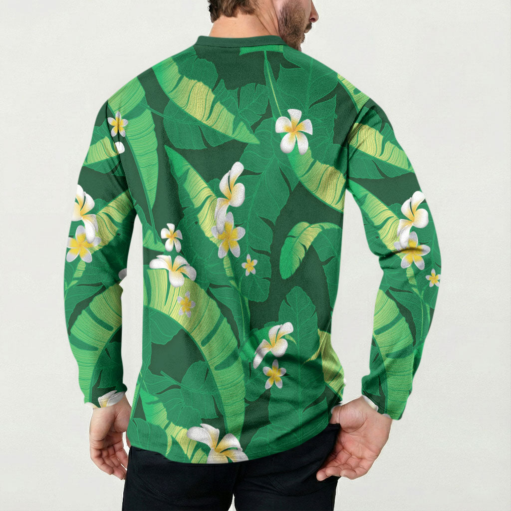 Green Banana Leaf Hawaii Button Sweatshirt Lau Maia Plumeria Tropical Summer Vibes LT14 - Polynesian Pride
