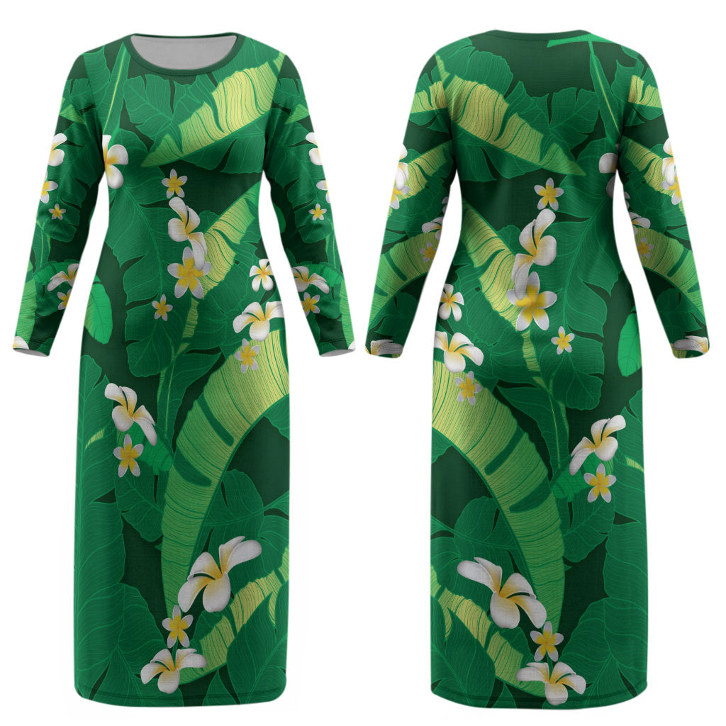 Green Banana Leaf Hawaii Couples Matching Long Sleeve Bodycon Dress and Long Sleeve Button Shirt Lau Maia Plumeria Tropical Summer Vibes LT14 - Polynesian Pride