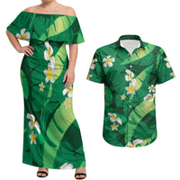 Green Banana Leaf Hawaii Couples Matching Off Shoulder Maxi Dress and Hawaiian Shirt Lau Maia Plumeria Tropical Summer Vibes LT14 Green - Polynesian Pride