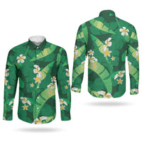Green Banana Leaf Hawaii Couples Matching Off Shoulder Maxi Dress and Long Sleeve Button Shirt Lau Maia Plumeria Tropical Summer Vibes