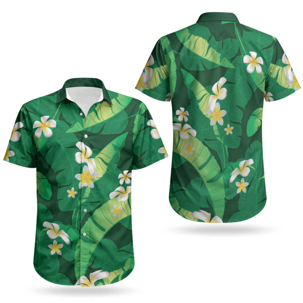 Green Banana Leaf Hawaii Couples Matching Off Shoulder Short Dress and Hawaiian Shirt Lau Maia Plumeria Tropical Summer Vibes