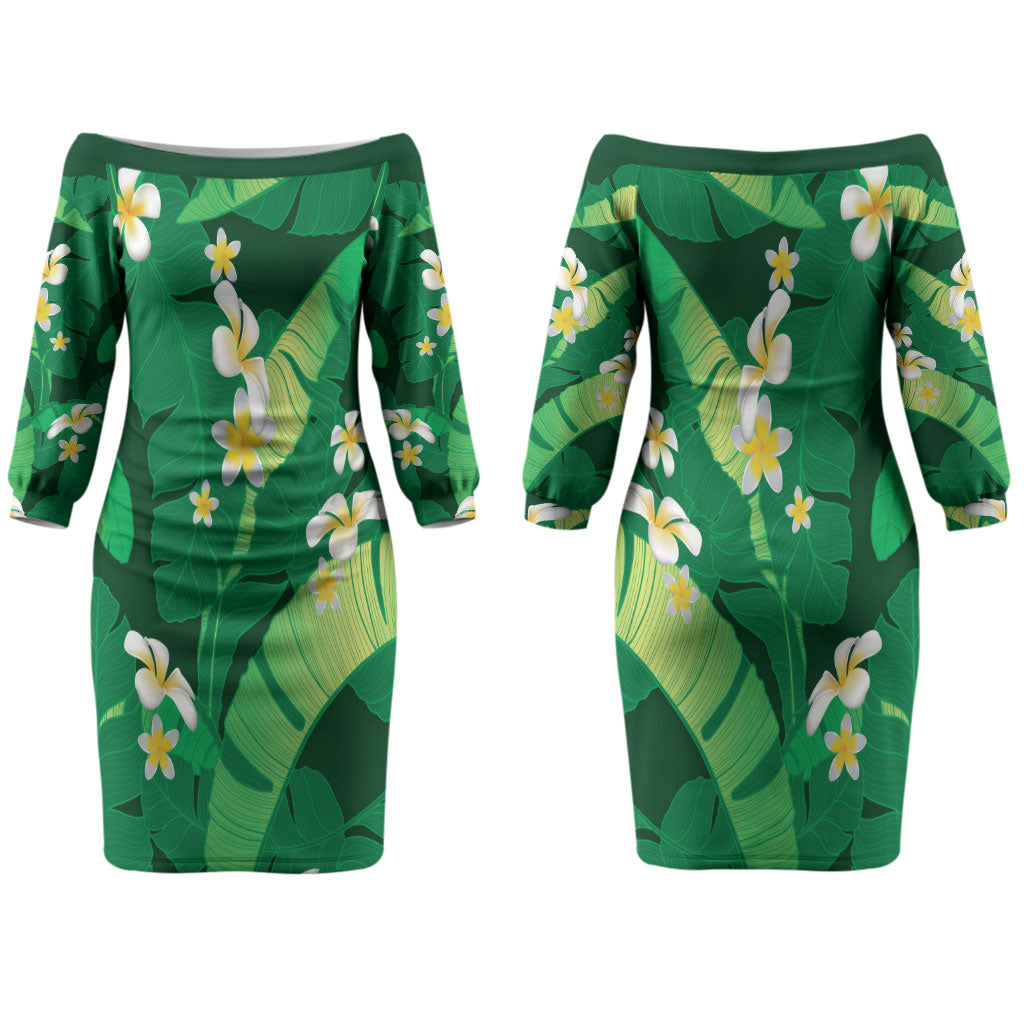 Green Banana Leaf Hawaii Couples Matching Off The Shoulder Long Sleeve Dress and Hawaiian Shirt Lau Maia Plumeria Tropical Summer Vibes