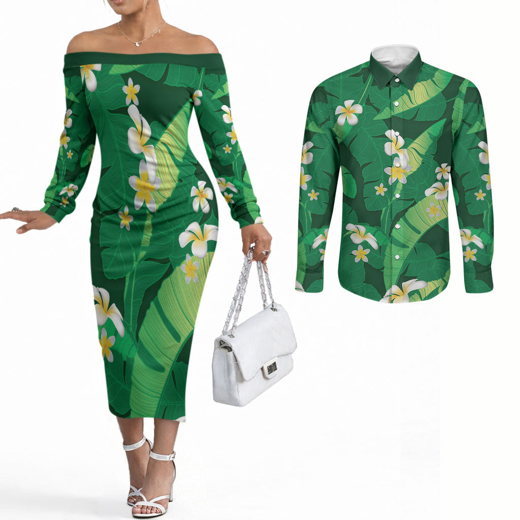 Green Banana Leaf Hawaii Couples Matching Off The Shoulder Long Sleeve Dress and Long Sleeve Button Shirt Lau Maia Plumeria Tropical Summer Vibes