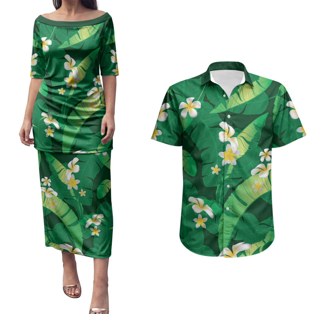 Green Banana Leaf Hawaii Couples Matching Puletasi and Hawaiian Shirt Lau Maia Plumeria Tropical Summer Vibes LT14 Green - Polynesian Pride