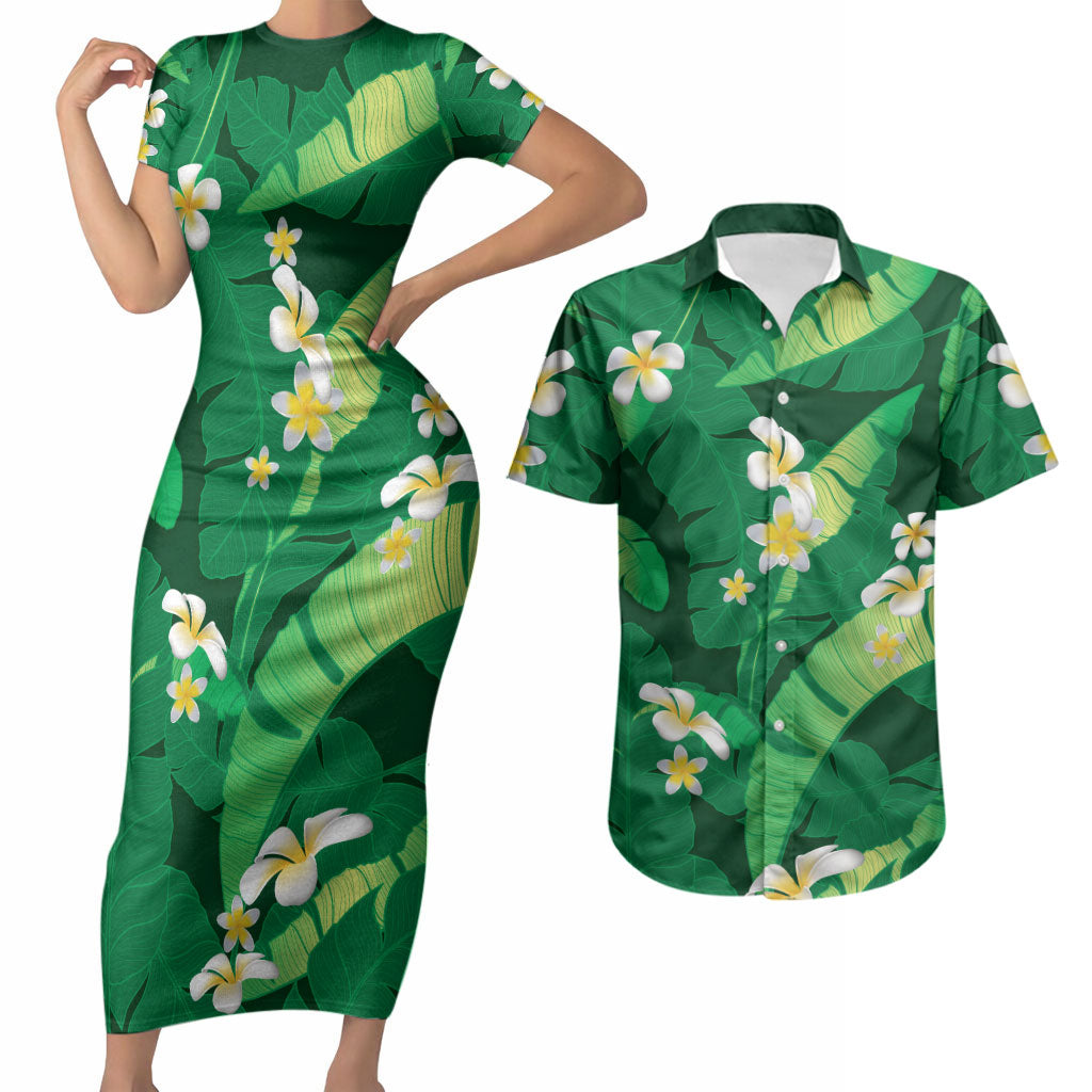 Green Banana Leaf Hawaii Couples Matching Short Sleeve Bodycon Dress and Hawaiian Shirt Lau Maia Plumeria Tropical Summer Vibes