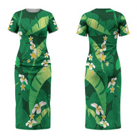 Green Banana Leaf Hawaii Couples Matching Short Sleeve Bodycon Dress and Hawaiian Shirt Lau Maia Plumeria Tropical Summer Vibes
