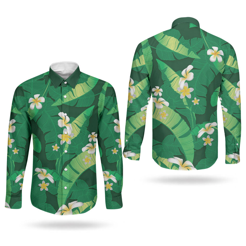 Green Banana Leaf Hawaii Couples Matching Tank Maxi Dress and Long Sleeve Button Shirt Lau Maia Plumeria Tropical Summer Vibes
