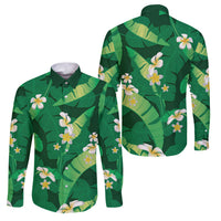 Green Banana Leaf Hawaii Family Matching Mermaid Dress and Hawaiian Shirt Lau Maia Plumeria Tropical Summer Vibes LT14 Dad's Shirt - Long Sleeve Green - Polynesian Pride