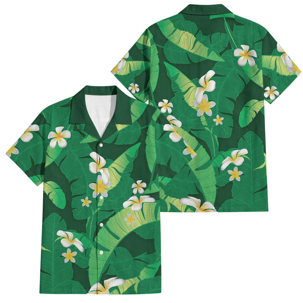 Green Banana Leaf Hawaii Family Matching Off The Shoulder Long Sleeve Dress and Hawaiian Shirt Lau Maia Plumeria Tropical Summer Vibes