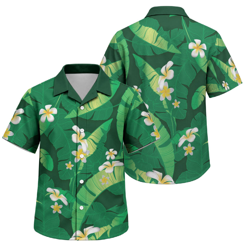 Green Banana Leaf Hawaii Family Matching Off The Shoulder Long Sleeve Dress and Hawaiian Shirt Lau Maia Plumeria Tropical Summer Vibes