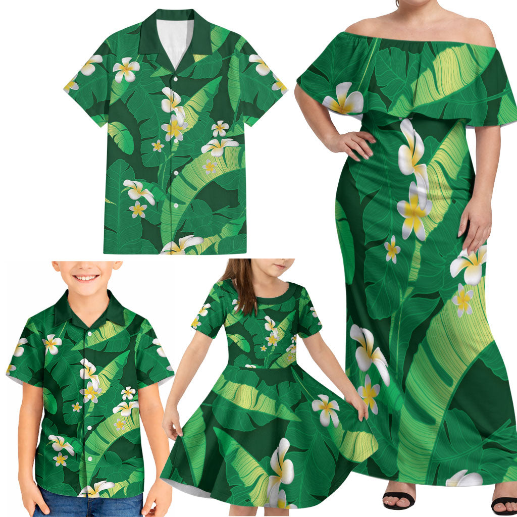 Green Banana Leaf Hawaii Family Matching Off Shoulder Maxi Dress and Hawaiian Shirt Lau Maia Plumeria Tropical Summer Vibes LT14 - Polynesian Pride