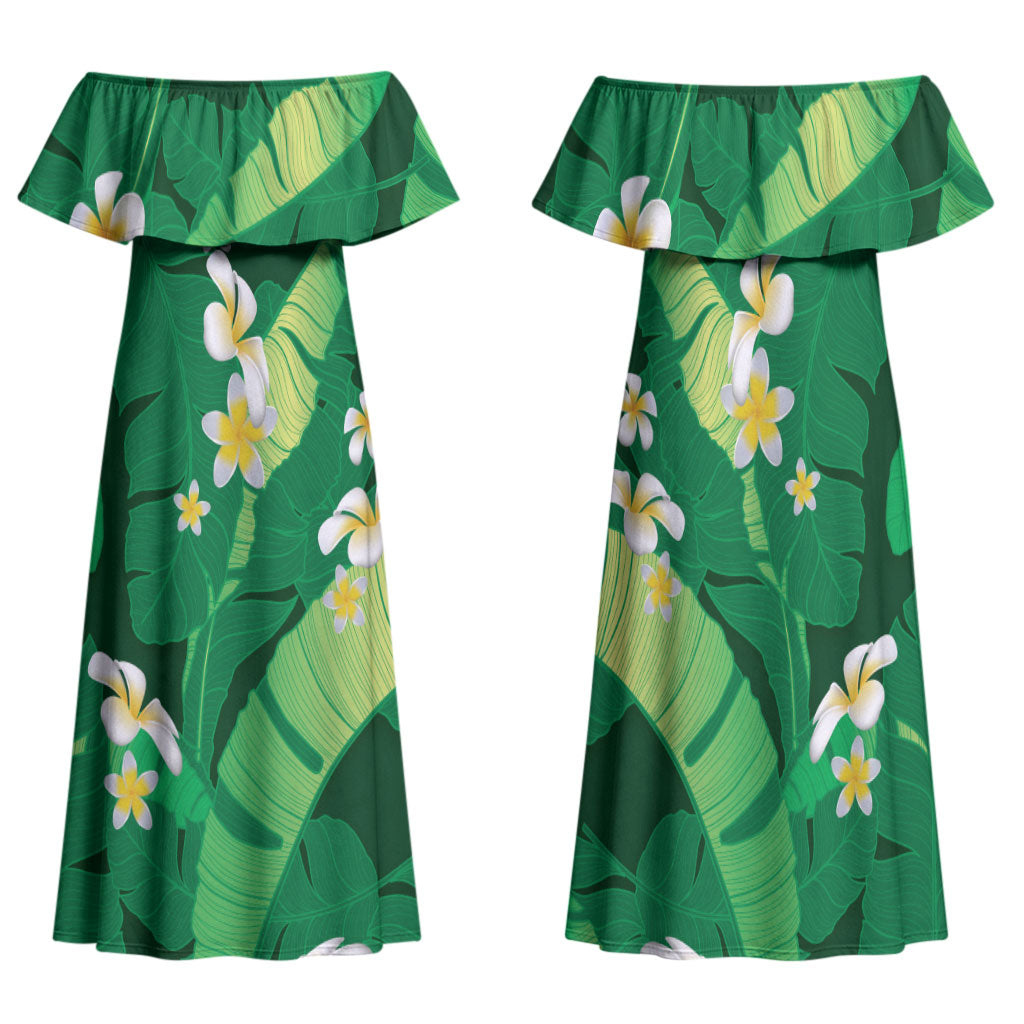 Green Banana Leaf Hawaii Family Matching Off Shoulder Maxi Dress and Hawaiian Shirt Lau Maia Plumeria Tropical Summer Vibes