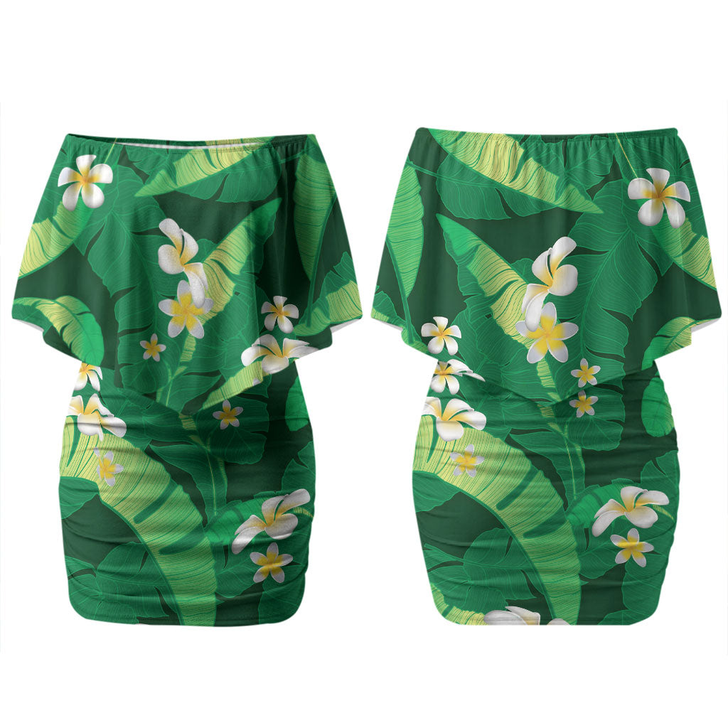 Green Banana Leaf Hawaii Family Matching Off Shoulder Short Dress and Hawaiian Shirt Lau Maia Plumeria Tropical Summer Vibes LT14 Mom's Dress Green - Polynesian Pride