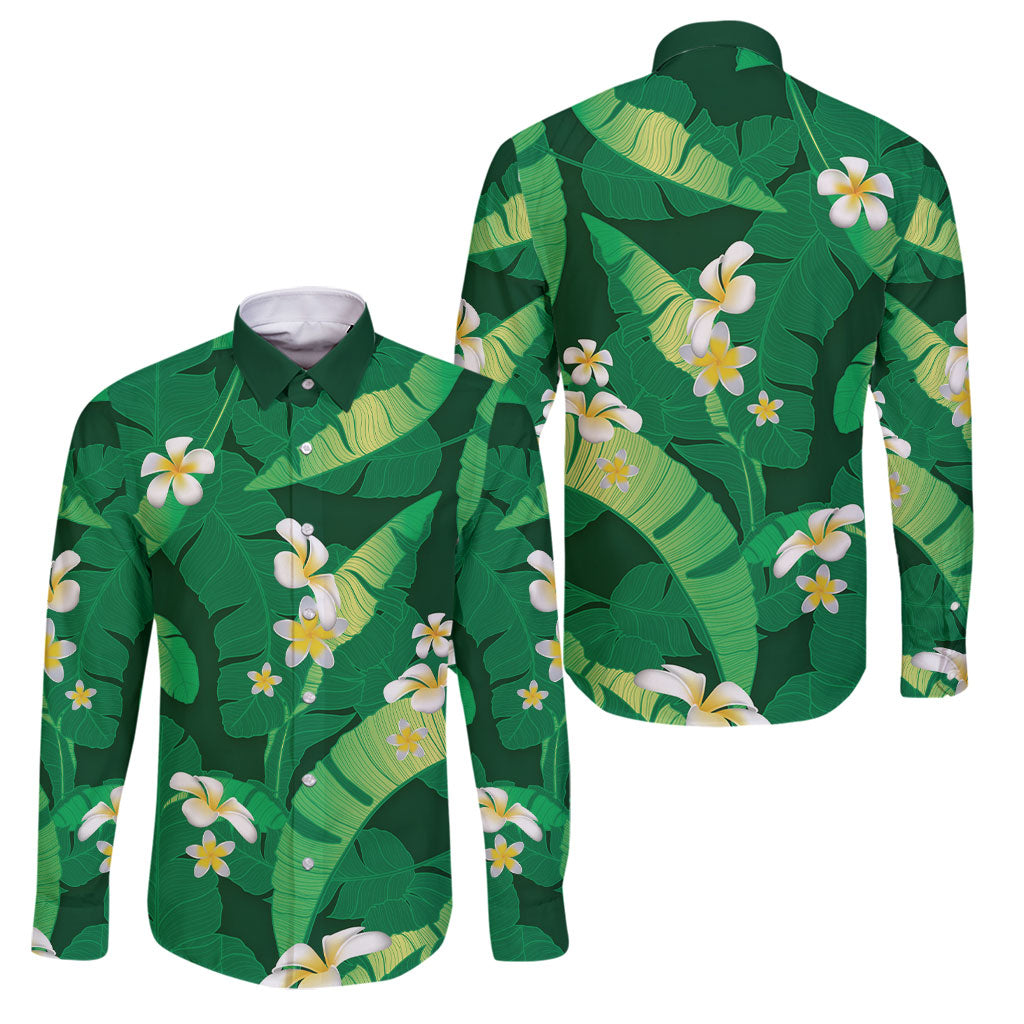 Green Banana Leaf Hawaii Family Matching Off Shoulder Short Dress and Hawaiian Shirt Lau Maia Plumeria Tropical Summer Vibes LT14 Dad's Shirt - Long Sleeve Green - Polynesian Pride