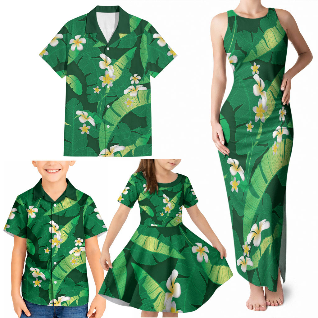 Green Banana Leaf Hawaii Family Matching Tank Maxi Dress and Hawaiian Shirt Lau Maia Plumeria Tropical Summer Vibes LT14 - Polynesian Pride