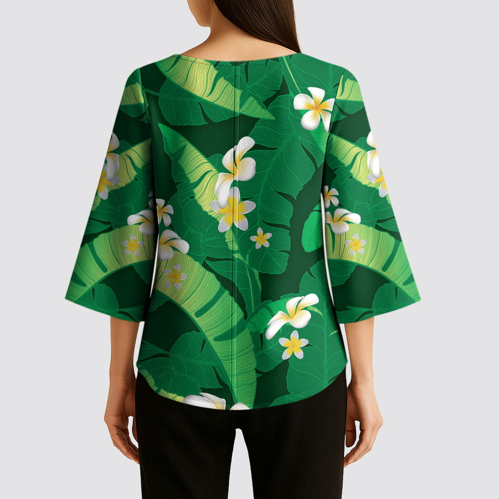 Green Banana Leaf Hawaii Kimono Sleeve Blouse Lau Maia Plumeria Tropical Summer Vibes