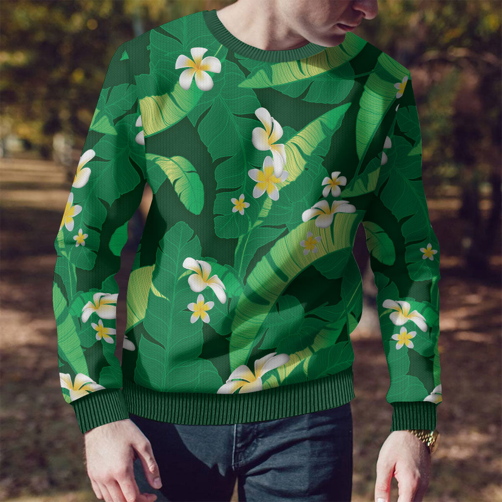 Green Banana Leaf Hawaii Ugly Christmas Sweater Lau Maia Plumeria Tropical Summer Vibes LT14 - Polynesian Pride