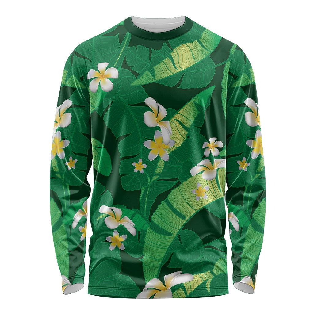 Green Banana Leaf Hawaii Long Sleeve Shirt Lau Maia Plumeria Tropical Summer Vibes LT14 Unisex Green - Polynesian Pride