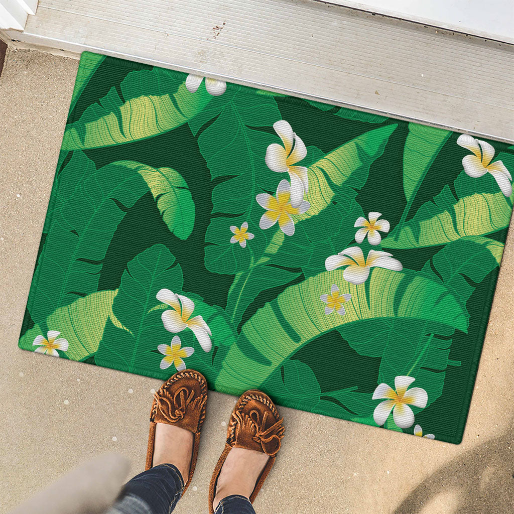 Green Banana Leaf Hawaii Rubber Doormat Lau Maia Plumeria Tropical Summer Vibes