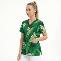 Green Banana Leaf Hawaii Scrub Top Lau Maia Plumeria Tropical Summer Vibes