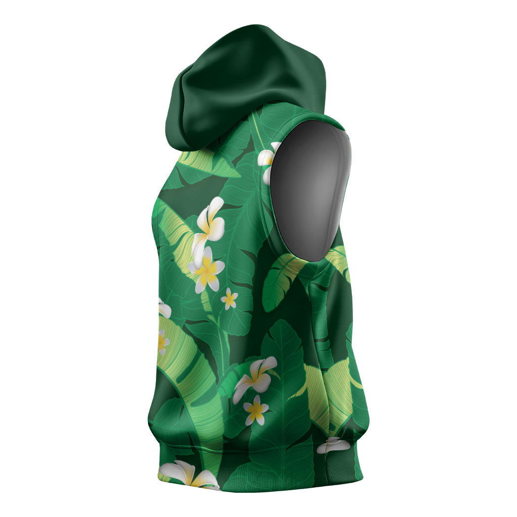 Green Banana Leaf Hawaii Sleeveless Hoodie Lau Maia Plumeria Tropical Summer Vibes