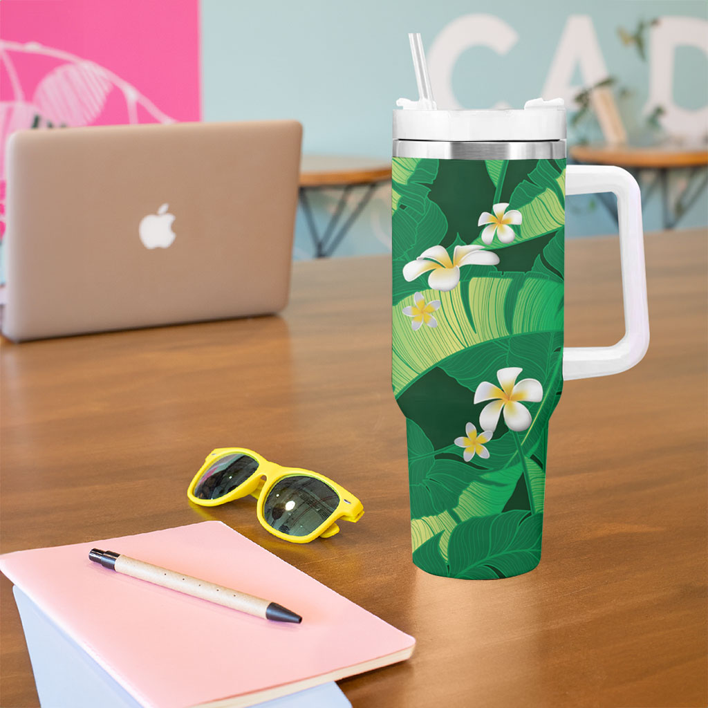 Green Banana Leaf Hawaii Tumbler With Handle Lau Maia Plumeria Tropical Summer Vibes