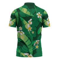 Green Banana Leaf Hawaii Zipper Polo Shirt Lau Maia Plumeria Tropical Summer Vibes