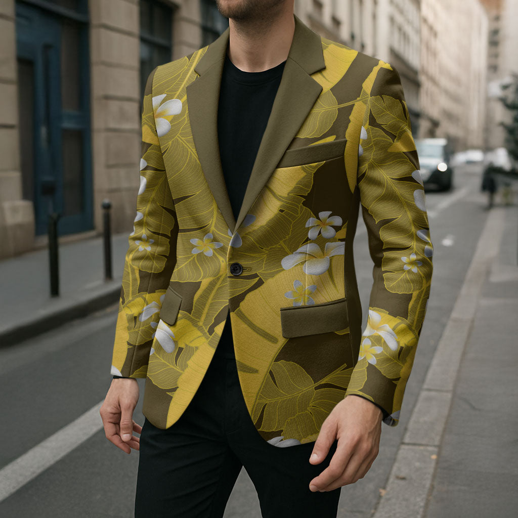 Yellow Banana Leaf Hawaii Blazer Lau Maia Plumeria Tropical Summer Vibes