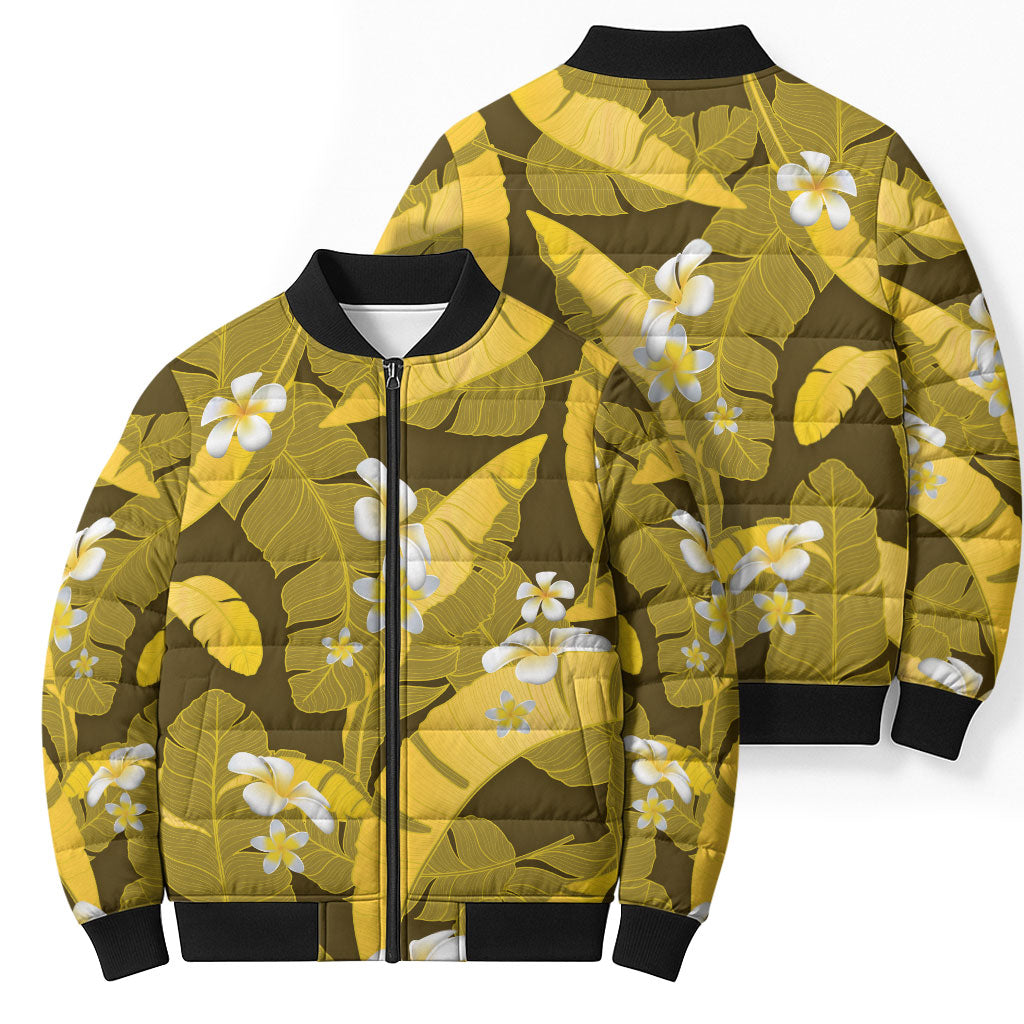 Yellow Banana Leaf Hawaii Bomber Puffer Jacket Lau Maia Plumeria Tropical Summer Vibes LT14 - Polynesian Pride