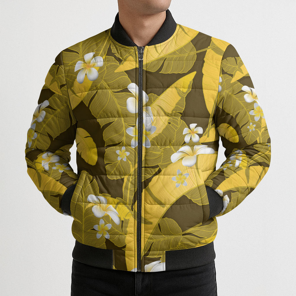 Yellow Banana Leaf Hawaii Bomber Puffer Jacket Lau Maia Plumeria Tropical Summer Vibes LT14 - Polynesian Pride