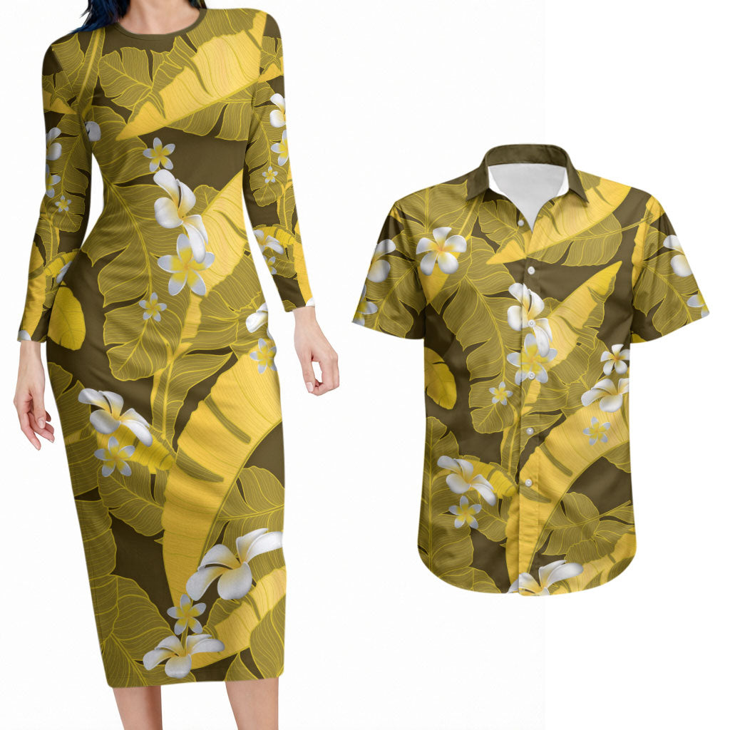Yellow Banana Leaf Hawaii Couples Matching Long Sleeve Bodycon Dress and Hawaiian Shirt Lau Maia Plumeria Tropical Summer Vibes
