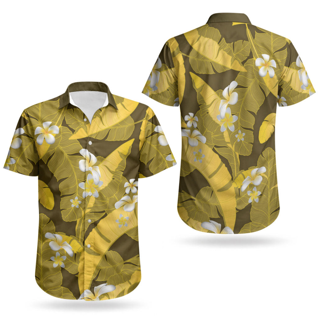 Yellow Banana Leaf Hawaii Couples Matching Long Sleeve Bodycon Dress and Hawaiian Shirt Lau Maia Plumeria Tropical Summer Vibes