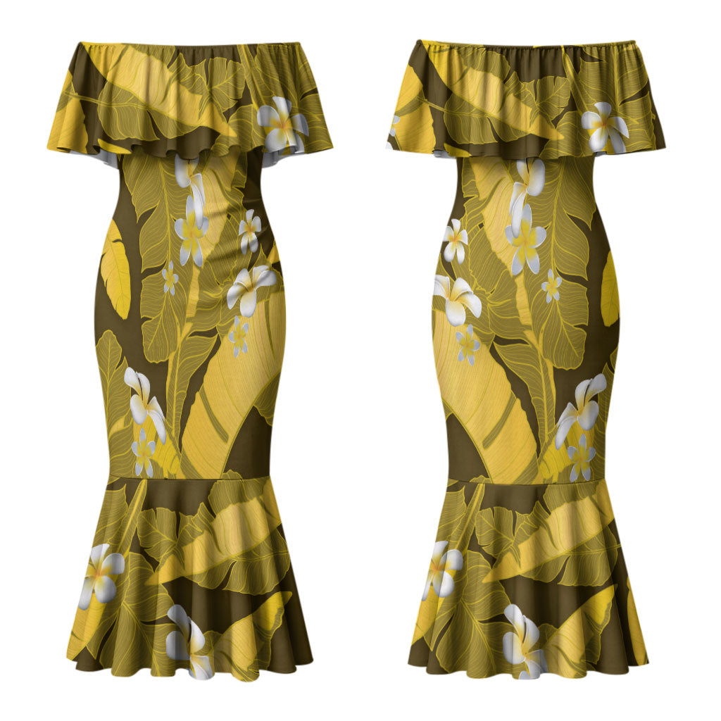 Yellow Banana Leaf Hawaii Couples Matching Mermaid Dress and Hawaiian Shirt Lau Maia Plumeria Tropical Summer Vibes LT14 - Polynesian Pride