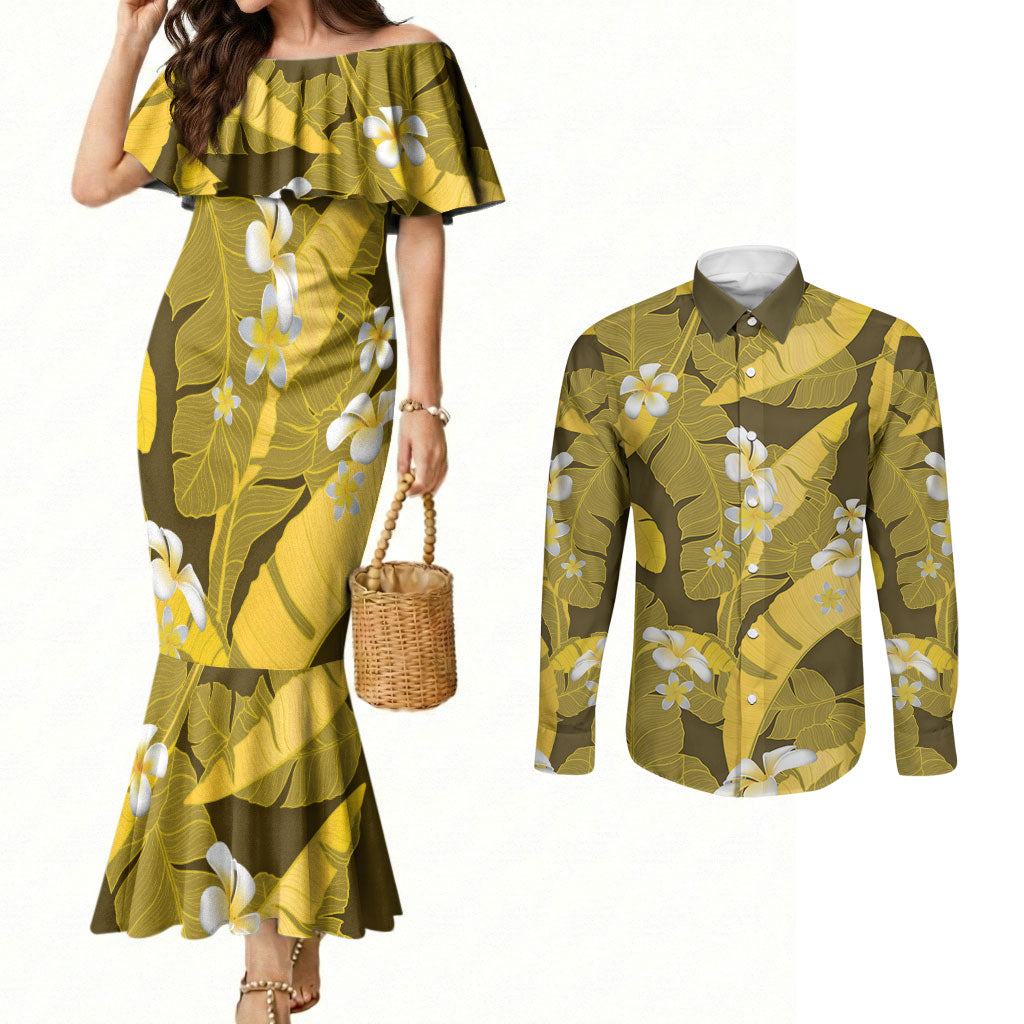 Yellow Banana Leaf Hawaii Couples Matching Mermaid Dress and Long Sleeve Button Shirt Lau Maia Plumeria Tropical Summer Vibes