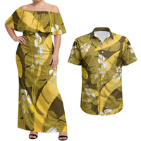 Yellow Banana Leaf Hawaii Couples Matching Off Shoulder Maxi Dress and Hawaiian Shirt Lau Maia Plumeria Tropical Summer Vibes LT14 Yellow - Polynesian Pride