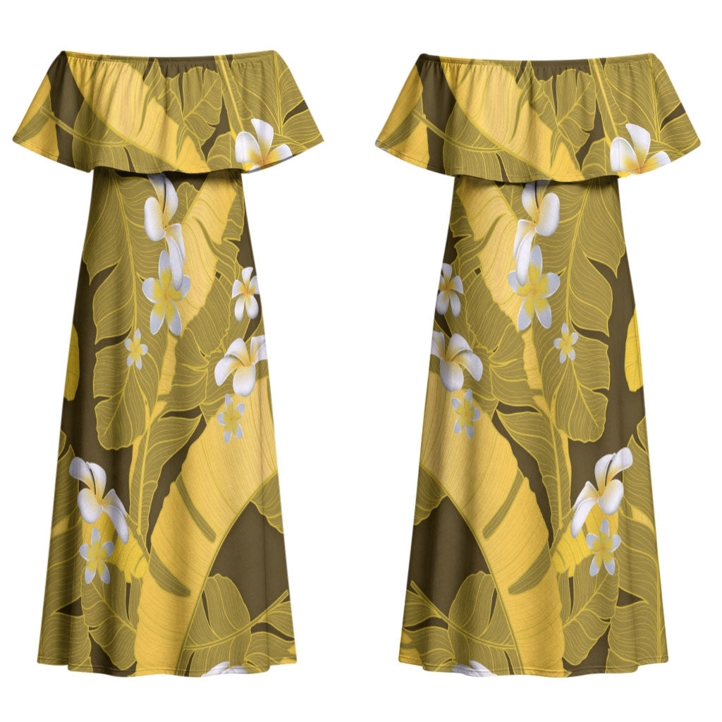 Yellow Banana Leaf Hawaii Couples Matching Off Shoulder Maxi Dress and Hawaiian Shirt Lau Maia Plumeria Tropical Summer Vibes LT14 - Polynesian Pride