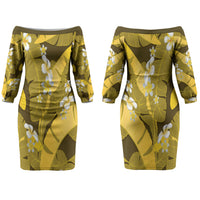 Yellow Banana Leaf Hawaii Couples Matching Off The Shoulder Long Sleeve Dress and Long Sleeve Button Shirt Lau Maia Plumeria Tropical Summer Vibes LT14 - Polynesian Pride